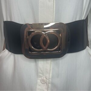 Black PU leather gold tone square buckle elastic waistband belt